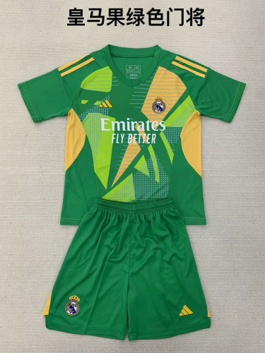 Youth Uniform Kids Kit 2024-2025 Real Madrid Green Goalkeeper Soccer Jersey Shorts Child Football Set