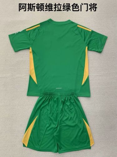 Youth Uniform Kids Kit 2024-2025 Aston Villa Green Goalkeeper Soccer Jersey Shorts Child Football Set