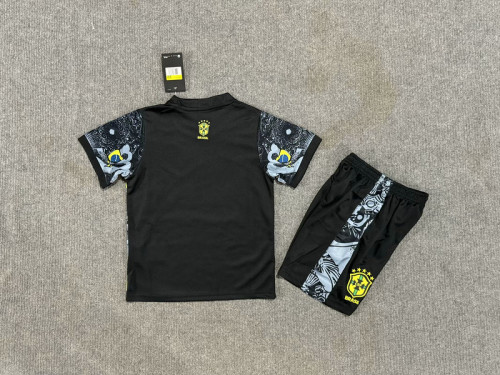 Youth Uniform Kids Kit Brazil 2024 Black Jesus Version Soccer Jersey Shorts Brasil Child Football Set
