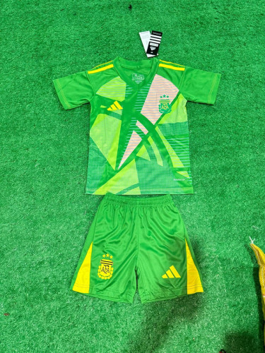 Youth Uniform Kids Kit Argentina 2024 Green Goalkeeper Soccer Jersey Shorts Child Football Set