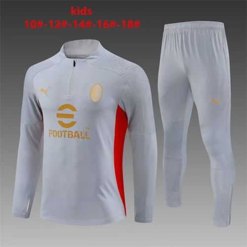 Youth 2024-2025 Ac Milan Grey/Red Soccer Training Sweater and Pants Child Football Kit
