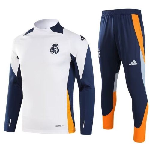 2024-2025 Real Madrid White/Dark Blue Soccer Training Sweater and Pants Football Kit