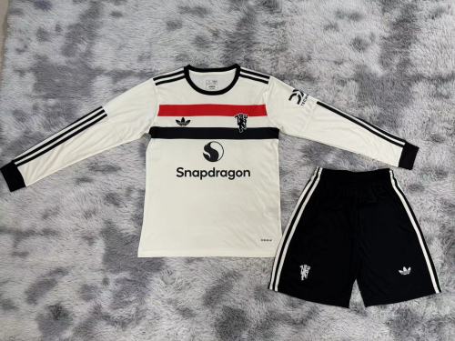 Long Sleeve Adult Uniform 2024-2025 Manchester United Third Away White Soccer Jersey Shorts Man U Football Kit