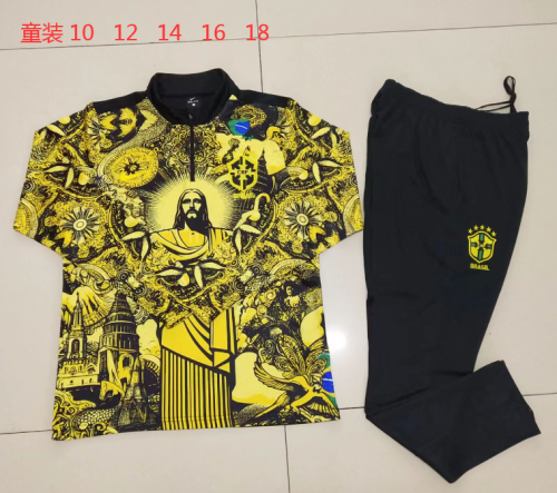 Youth 2024-2025 Brazil Yellow Jesus Version Soccer Training Sweater and Pants Child Football Kit
