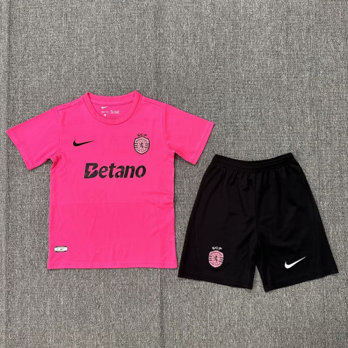 Youth Uniform Kids Kit Sporting Lisbon 2024-2025 Pink Soccer Jersey Shorts Child Football Set