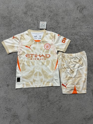Youth Uniform Kids Kit Manchester City 2024-2025 Goalkeeper Soccer Jersey Shorts Child Football Set