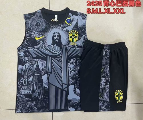 Adult Uniform 2024-2025 Brazil Black Jesus Version Soccer Training Vest and Shorts Football Set