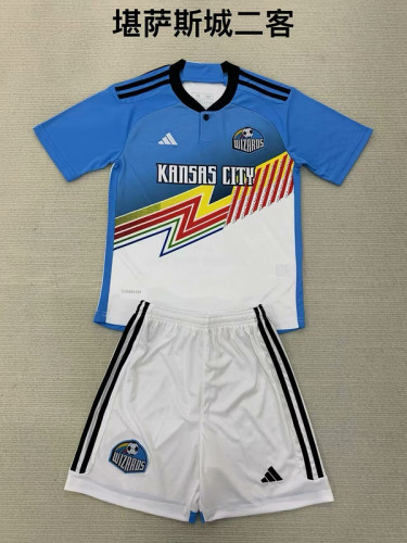 Youth Uniform Kids Kit 2024-2025 Kansas City Third Away Blue/white Soccer Jersey Shorts Child Football Set