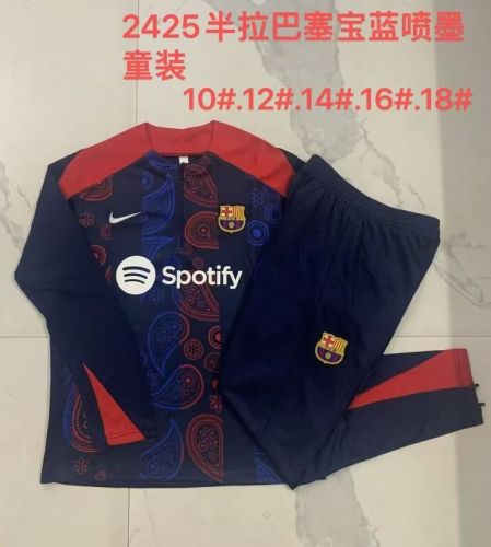 Youth 2024-2025 Barcelona Dark Blue/Red Soccer Training Sweater and Pants Child Football Kit