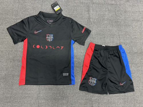 Coldplay Youth Uniform Kids Kit 2024-2025 Barcelona Away Black Soccer Jersey Shorts Child Football Set