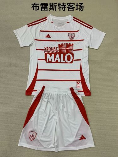 Youth Uniform Kids Kit 2024-2025 Stade Brestois Away White Soccer Jersey Shorts Child Football Set