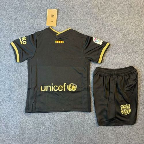 with LFP Patch Retro Youth Uniform Kids Kit 2020-2021 Barcelona Away Black Soccer Jersey Shorts Vintage Child Football Set