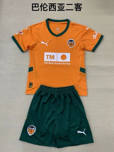 with LALIGA Patch Youth Uniform Kids Kit 2024-2025 Valencia Third Away Orange Soccer Jersey Shorts Child Football Set