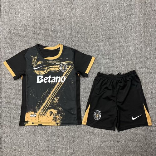 Youth Uniform Kids Kit 2024-2025 Sporting Lisbon Third Away Black Soccer Jersey Shorts Child Football Set