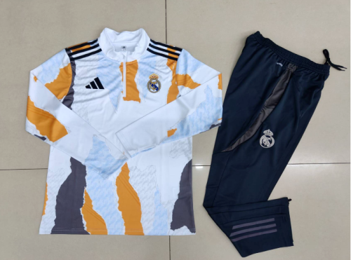 2024-2025 Real Madrid White/Yellow/Blue Soccer Training Sweater and Pants Football Kit
