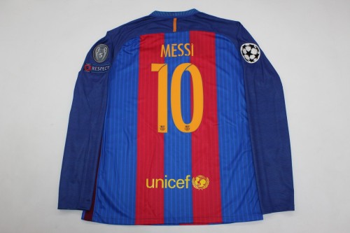 with Golden FIFA+UCL Patch Long Sleeve Retro Jersey 2016-2017 Barcelona MESSI 10 Home Soccer Jersey Vintage Football Shirt