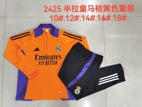Youth 2024-2025 Real Madrid Orange Soccer Training Sweater and Pants Child Football Kit
