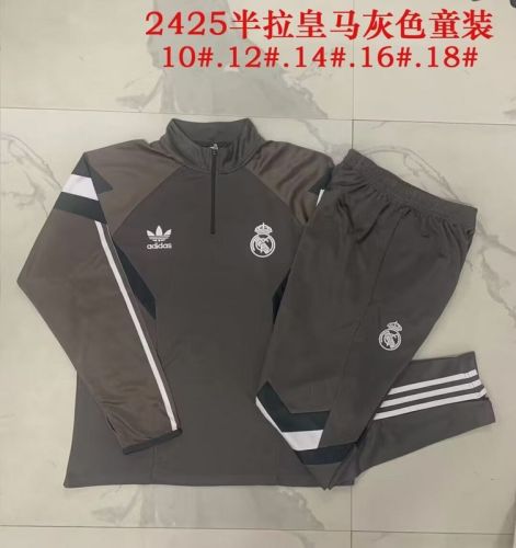Youth 2024-2025 Real Madrid Grey Soccer Training Sweater and Pants Child Football Kit