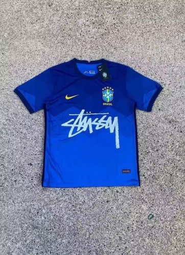 with STUSY Signed Version Brazil Away Blue Soccer Jersey Brasil Camisetas de Futbol