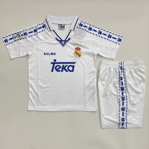 Retro Youth Uniform Kids Kit 1996-1997 Real Madrid Home Soccer Jersey Shorts Vintage Child Football Set