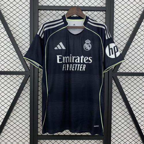 with HP Fan Version 2025-2026 Real Madrid Away Black Soccer Jersey Real Football Shirt