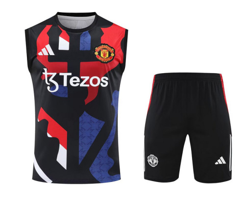 Adult Uniform 2025-2026 Manchester United Black/Red/Blue Soccer Training Vest and Shorts Football Set