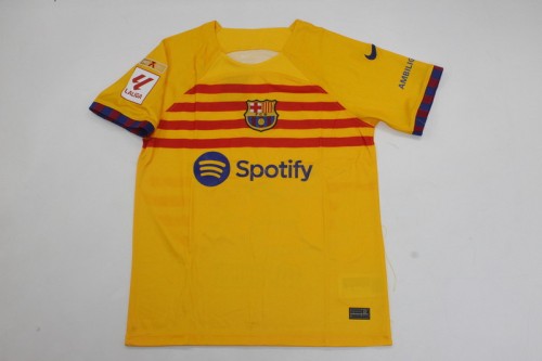 with Champions+Laliga Patch Retro Jersey 2023-2024 Barcelona Fourth Away Yellow Soccer Jersey Vintage Football Shirt