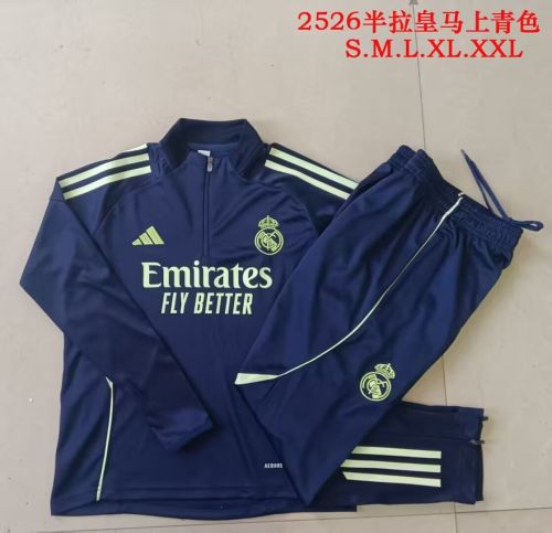 2025-2026 Real Madrid Dark Blue/Grey Soccer Training Sweater and Pants Football Kit