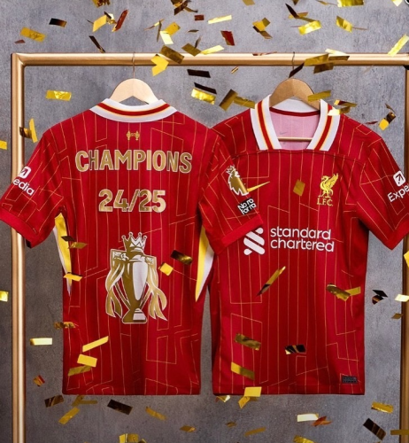 with No Room for Racism+Golden EPL Patch Fans Version 2024-2025 Liverpool CHAMPIONS 24/25 TROPHY Home Soccer Jersey