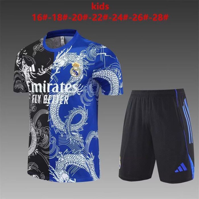 Youth Uniform Kids Kit 2025-2026 Real Madrid Black/Blue Soccer Training Jersey Shorts Child Football Set