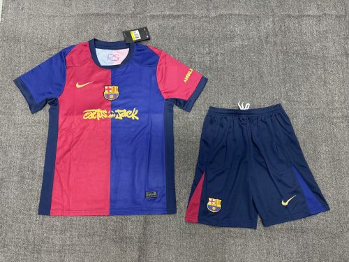 Youth Uniform Kids Kit 2024-2025 Barcelona Travis Scott Home Soccer Jersey Shorts Child Football Set