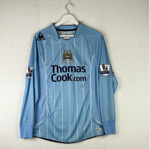 with EPL Patch Long Sleeve Retro Jersey 2007-2008 Manchester City CASTILLO 30 Home Soccer Jersey Vintage Man City Football Shirt