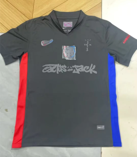 with Black Travis Scott+Special Front Logo Barca Camisetas de Futbol Fan Version 2024-2025 Barcelona Away Black Soccer Jersey