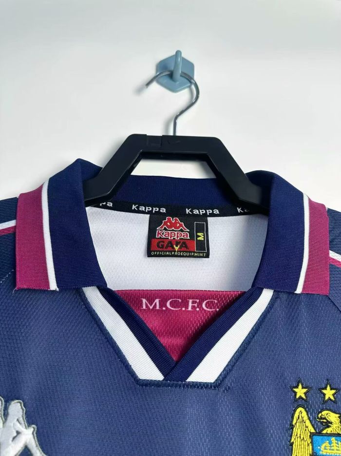 Long Sleeve Retro Jersey 1997-1998 Manchester City Away White Soccer Jersey Vintage Man City Football Shirt