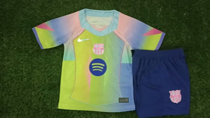 Youth Uniform Kids Kit 2024-2025 Barcelona Green Soccer Training Jersey Shorts Child Football Set