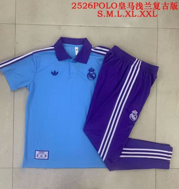 Retro Model 2025-2026 Real Madrid Blue/Purple Soccer Polo and Pants Football Kit