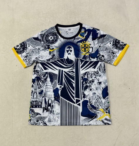 Fan Version 2025 Brazil Dark Blue/White Jesus Edition Soccer Jersey Brasil Camisetas de Futbol