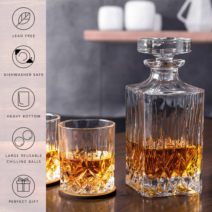 High Quality Whiskey Glass With  Decanter Set And Whiskey Stone Gift set And 25 oz Whiskey Bottle Decanter Leather BoxSet