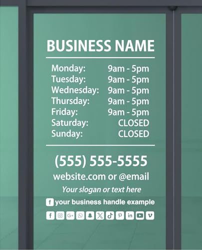 Office Business Hours Sign Decal Social Media Icon Logos Fully Custom Personalized Glass Door Window Commercial Store Professional Stencil Sticker Storefront Name