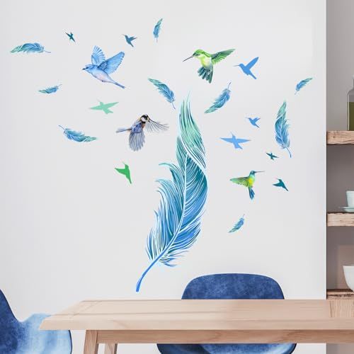 Supzone Blue Feathers Hummingbird Wall Decals Hand Drawn Cartoon Feathers Birds Wall Sticker Creative Peel and Stick Vinyl Wall Art Decor for Living Room Bedroom Office Furniture TV Sofa Backdrop