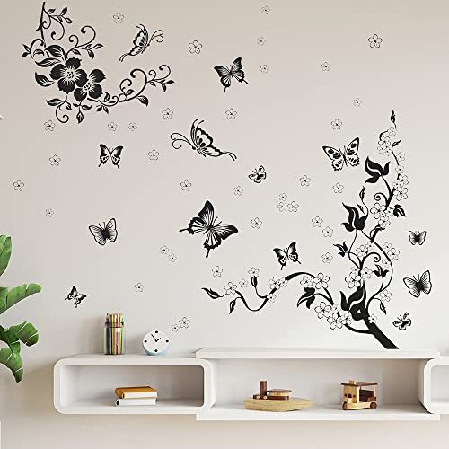 Supzone Flowers Vine Wall Decals Black Flowers Wall Stickers Butterfly Wall Decor Removable Vinyl Wall Art Stickers for Bedroom Living Room Office Sofa Backdrop TV Wall Home Decoration