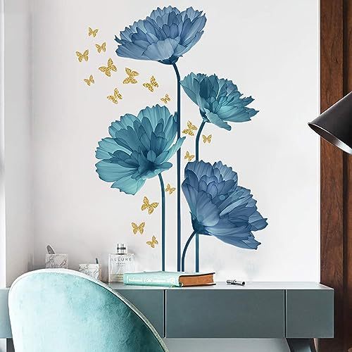 Flower Wall Decals Peel and Stick DIY Floral Wall Decals Removable Flower Wall Stickers Murals Vinyl Butterfly Wall Decals for Girls Bedroom Living Room Bathroom Wall Art Decor (Blue Carnation)