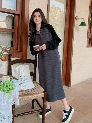 Color contrast hooded dress women Spring and Autumn 2024  long casual sweatdress