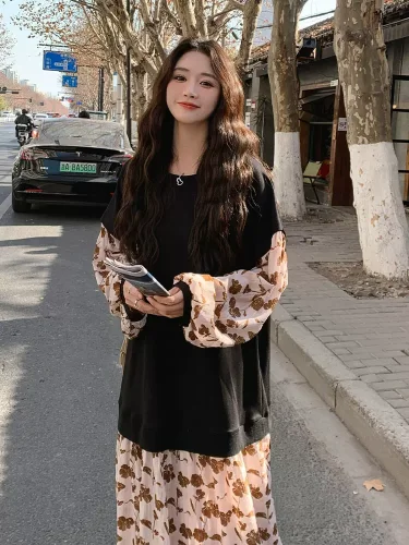 Floral splicing two dresses women Spring and Autumn 2024 long sweatdress