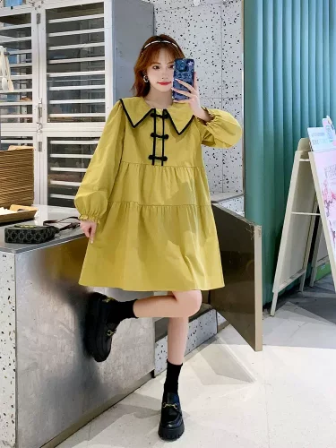 Yellow Pink collar dress women's spring and autumn 2024 new mid-length A-line skirt