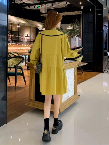 Yellow Pink collar dress women's spring and autumn 2024 new mid-length A-line skirt
