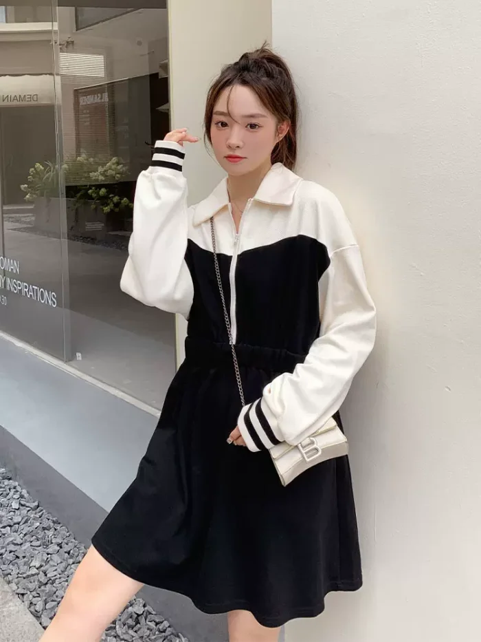 Color contrast splicing polo collar dress Female Spring and Autumn 2024  loose casual mid-long sweatdress