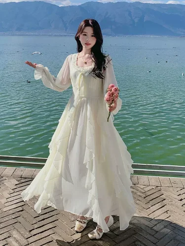 Light apricot dress for women spring and autumn 2024 new style ruffled long skirt