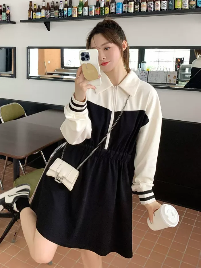 Color contrast splicing polo collar dress Female Spring and Autumn 2024  loose casual mid-long sweatdress