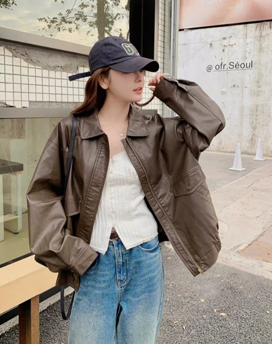 Brown chestnut leather jacket for women in Spring and Autumn 2024, new Maillard style, small and trendy, versatile jacket top